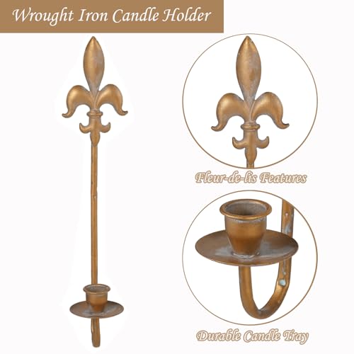 Fleur De Lis Wrought Iron Candle Sconces Set of 2, Rustic Candle Holders Hanging for Living Room Farmhouse Fireplace Wedding (Antique Copper) - color: Antique Copper