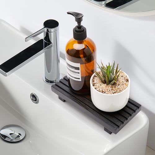 Renawe Small Black Bathroom Decor Tray for Counter Dish Soap Holder Wooden Pedestal Stand for Kitchen Sink Soap Dispenser Wood Risers Kitchen Accessories Countertop Vanity Counter Sponge Sink Tray - color: Black, size: 8.7x4 inch