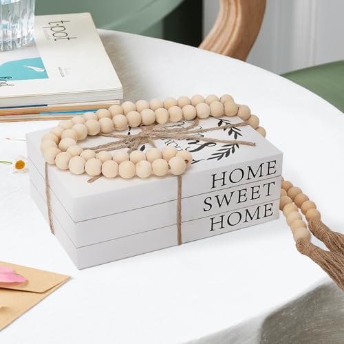 Decorative Books for Home Decor, Faux Books for Decoration, Rustic Farmhouse Decor, Fake Books with 52in Wood Beads Garland, Book Decor for Living Room Coffee Table (Home Sweet Home) - color: Home Sweet Home