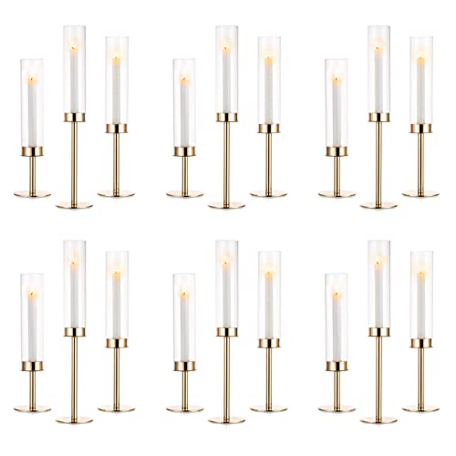 NUPTIO Gold Candlestick Holders Bulk: Set of 18 Glass Hurricane Taper Candle Holders - Decorative Candle Stick Stand for Fall Christmas Fireplace Dining Table Decor - size: 14 & 16 & 18 in