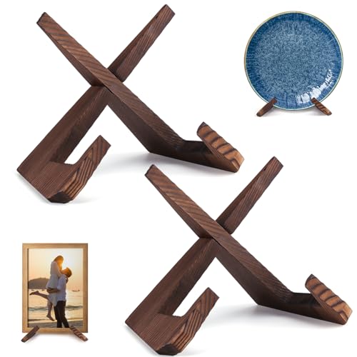 XKDOUS 2 Pack Plate Stand for Display, 6.5 Inch Wood Plate Display Holders, Picture Frame Holder, Cookbook Stand Recipe Book Holder for Book, Plate, Photo, Decorative Table Top Easels