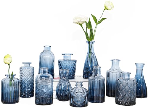 TBWIND 12Pcs Blue Glass Bud Vases Set, Small Vases for Flowers, Perfect for Centerpieces at Parties, Baby Showers, Weddings, Events, Graduation Season, Great Gifts for Office & Home Décor - color: 12pcs-blue