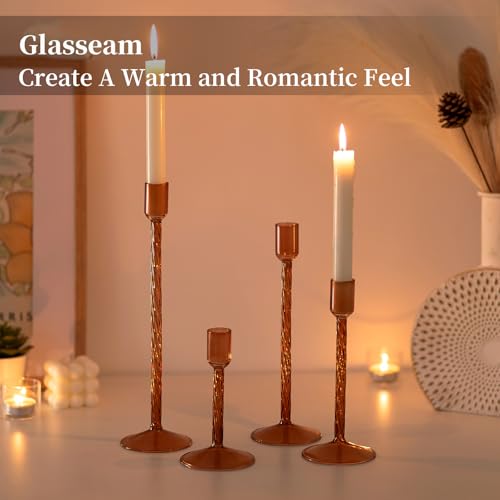 Glasseam Glass Candle Holder Brown: Fall Candle Holders Set of 4 Tall Candle Stick Candle Holder for Tapered Candles Decorative Candle Holders for Table Centerpiece Halloween Thanksgiving Decorations - color: Brown