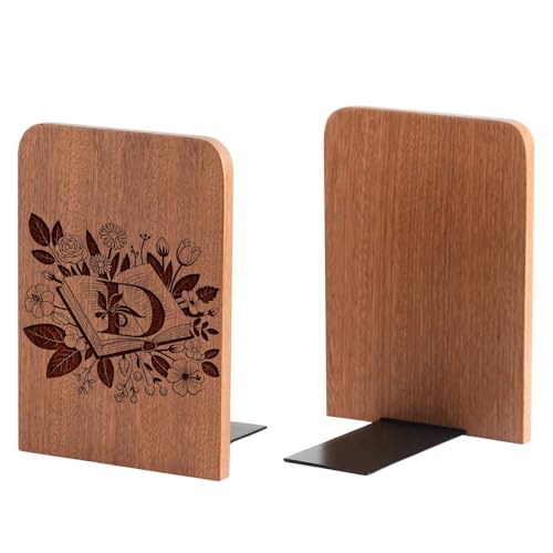 Wood Bookends, Book Ends for Shelves with Decorative Alphabet A and Z Design - Heavy Duty Iron & Ebony Wood Book Ends for Shelves Bookcase Desk - 1 Pair - D - color: D