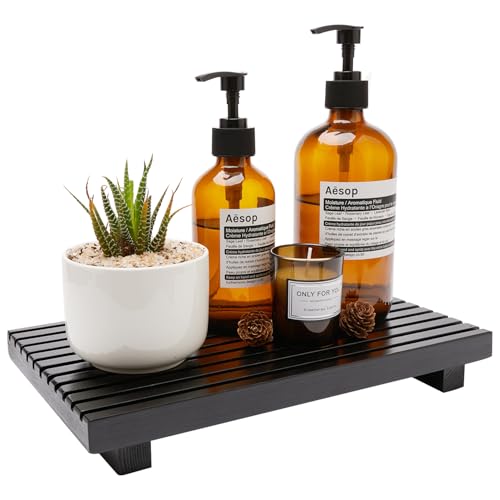 Renawe Black Bathroom Counter Tray Organizer Wood Riser Stand Kitchen Countertop Trays Wooden Pedesta Display Dish Soap Dispenser Holder for Bathroom Decor Sink Accessories Vanity Tray - color: Black, size: 12x6.7 inch