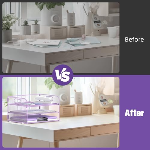 DALTACK 3 Tier Paper Organizer with Handle, Mesh Metal Desk Organizer with Sliding Paper Trays for Letter/A4 Paper, Mail, Bills & Folders, Purple - color: Purple