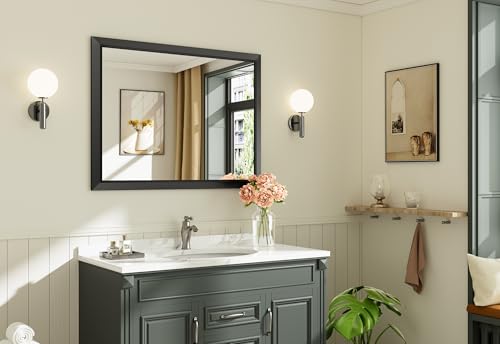 Briivue 40x30 Inch Black Bathroom Mirror for Wall, Thick Metal Framed Rectangle Mirrors for Over Sink, Bedroom, Living Room, Entryway, Anti-Rust, HD Tempered Glass - color: Black, size: 40"L x 30"W