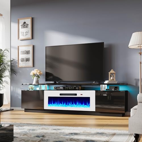 AMERLIFE Fireplace TV Stand with 40" Fireplace, 80" Modern Fireplace Entertainment Center LED Lights, 2 Tier TV Console Cabinet for TVs Up to 90", Black & White - color: Black & White, size: 80"