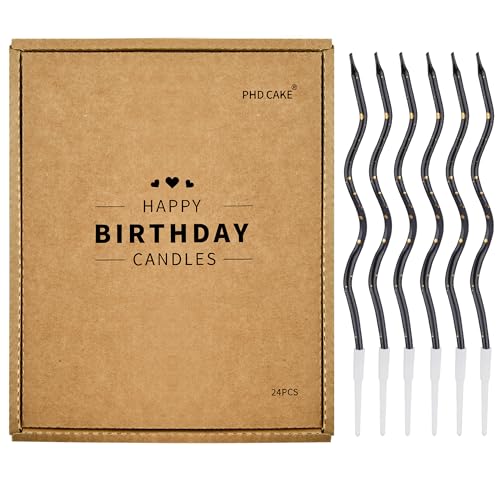 PHD CAKE 24-Count Black Gold Spiral Long Thin Birthday Candles, Cake Candles, Birthday Parties, Wedding Decorations, Party Candles - color: Black Gold