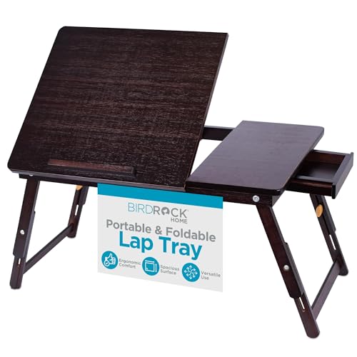 Sofia + Sam Bamboo Laptop Lap Tray with Adjustable Legs | Foldable Breakfast Serving Bed Tray | Lap Desk with Tilting Top and Side Drawer | Laptop Stand | Walnut