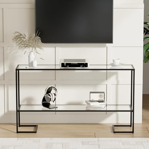 Cozy Castle 52" Entryway Table, 2-Tier Narrow Console Table with Tempered Glass & Sturdy Metal Frame, Modern Sofa Table with Storage Shelves for Entryway, Hallway, Foyer, Living Room, Black - color: Black Metal Frame