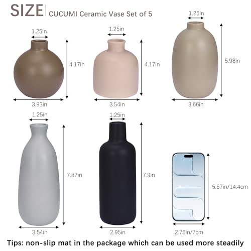 CUCUMI Ceramic Vase Set of 5, Home Decor Farmhouse Décor Handmade Pottery Vases for Pampas Grass, Dried Fresh Flowers, Table, Living Room, Kitchen, Shelf, Entryway Mantel Neutral Tones - color: 5 Pack-neutral Tones