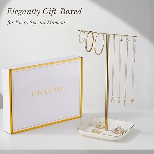 Jewelry Holder Stand with Ceramic Base: 12" Tall Necklace Organizer Rack, Tree Design Display Storage for Necklaces, Bracelets, Rings, Earrings, Aesthetic Room Décor for Girls and Women, Gold - color: White, size: 5.8" base