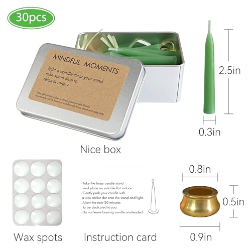 Mini Taper Candle Meditation Candles,20 Minute Prayer Green Candlestick Dripless Beeswax Candles with Brass Candle Holder for Yoga & Spiritual Ritual,30P-Gr - color: MCBEE30PC-GREEN