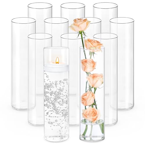 TBWIND 12Pcs Glass Cylinder Vases 12 Inch Tall Clear Flower Vases for Centerpieces Wedding Decoration, Hurricane Floating Candle Holder for Party Table Home Decor - size: 12 Pack 12 Inch