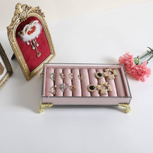 GemeShou velvet slots Ring holder for jewelry organizer, Earring ring display stand for selling, felt ring jewelry holder tray showcase【Velvet slots Ring Holder-Pink】 - color: Pink
