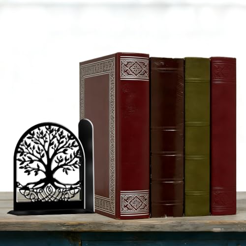2Pcs 2 Styles Metal Tree Bookends Black Book Stopper Tree of Life Pattern Black Decorative Heavy Duty Metal Book Ends for Shelves Home Office Desk Organizer Stylish 7.48 x 6.3 x 1.18 Inch - color: Tree of Life