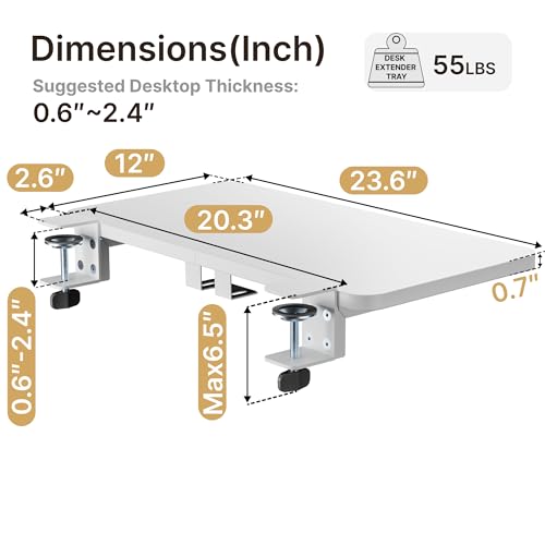 PEGZONE Desk Extender Tray, 24" x 12" Clamp On Shelf, Desk Extension with Laptop Holder, Table Arm Rest, Clamp On Keyboard Tray for Office and Home, Workstation Organizer, Medium, White - size: 24 x 12 inch, style: White with laptop shelf