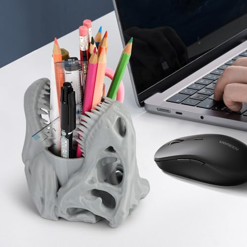 Cool Dinosaur Pen Holder, Dinosaur Skull Figurine Pencil Holder for Office Desk Decor, Funny Easter Gifts for Men and Boys, Grey T-Rex Desktop Organizer - color: Gray, size: Dinosaur Head