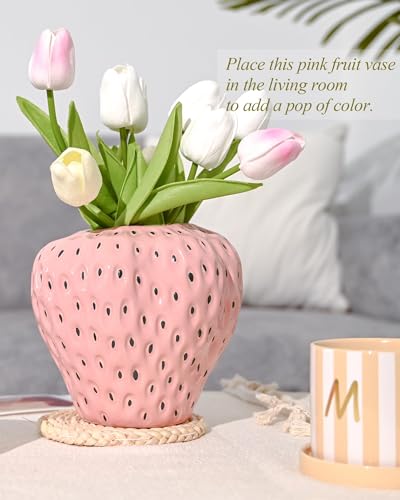 DN DECONATION Pink Strawberry Vase for Flower, Strawberry Shaped Planter Pot for Girls, Unique Ceramic Fruit Vases for Strawberry Party Kitchen Decorations, for Mom&Grandma - color: Pink Strawberry