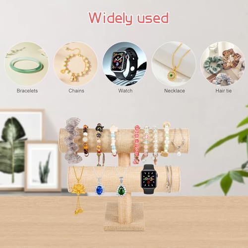 Two-layer T-shaped jewelry organizer, specifically designed for the display and organization of bracelets, bangles.Simple and elegant (Yellow Linen) - color: Yellow Linen
