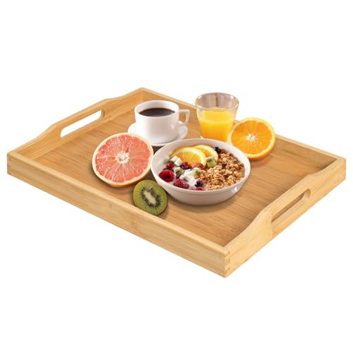 Bamboo Food Serving Tray with Handles, Breakfast Bed Tray for Tea,Snack,Dinner, Home Decorative Storage Food, Platter, Ottoman for Kitchen Counter, Bathroom, Restaurant (Beige) - color: Beige
