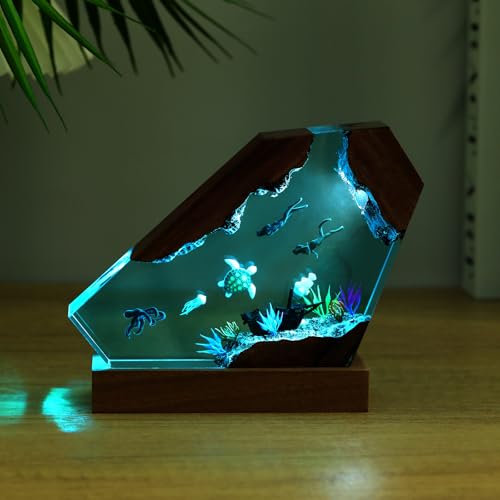 Drawelry Ocean Creative Epoxy Resin Wood Light Lamp, Handmade Multi Color Aquatic Ocean Lamp Deep Sea Diver Cave Diving Enthusiasts Led Night Light Desktop Decor Christmas Birthday Gift (Octopus, S) - color: Octopus