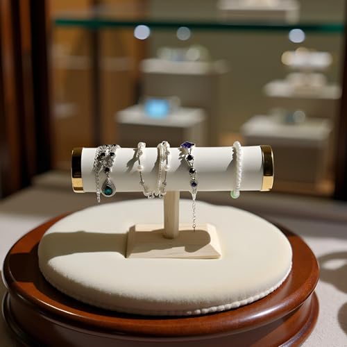 Jewelry bracelet Display T-Bar Stand 9 inch White PU Bracelet Holder with Gold Metal Ends 1-Tier Jewelry Organizer with Natural Pine Base, Bangle & Watch Display for Retail & Vanity - color: Round PU White