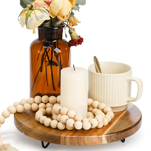 TOPZEA Decorative Round Wood Riser for Display, 10 inch Acacia Wood Pedestal Stand Farmhouse Kitchen Decor Tray Coffee Table Bathroom Counter Organizer for Plant Pot, Perfume, Cake, Lamp