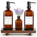 KEYWING Kitchen Soap Dispenser Set with Wood Tray, 16oz Amber Glass Soap Dispensers with Stainless Steel Pumps, Hand and Dish Soap Dispenser Set for Kitchen, Soap and Lotion Dispenser Set for Bathroom