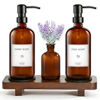 KEYWING Kitchen Soap Dispenser Set with Wood Tray, 16oz Amber Glass Soap Dispensers with Stainless Steel Pumps, Hand and Dish Soap Dispenser Set for Kitchen, Soap and Lotion Dispenser Set for Bathroom