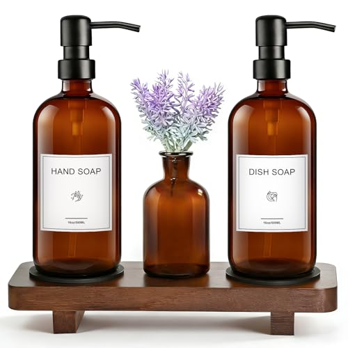 KEYWING Kitchen Soap Dispenser Set with Wood Tray, 16oz Amber Glass Soap Dispensers with Stainless Steel Pumps, Hand and Dish Soap Dispenser Set for Kitchen, Soap and Lotion Dispenser Set for Bathroom