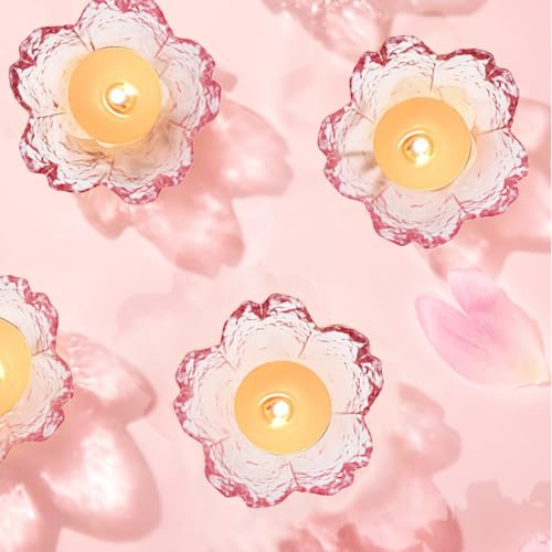 Glass Votive Candle Holders,Glass Seasoning Dishes,Cherry-Blossom Tea Bag Holders,Pink Flower Snack Dip Bowls,Set of 6 Tealight Pillar Trays for Party Housewarming Christmas Valentine Wedding Decor