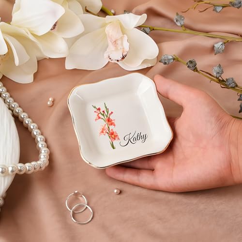 Ship Next Day, Personalized Ceramic Jewelry Dish, Custom Birth Flower & Name Trinket Tray for Mother's Day, Bridesmaid, Birthday Gift - Waved Square - color: Birth Flower Jewelry Tray-waved Square