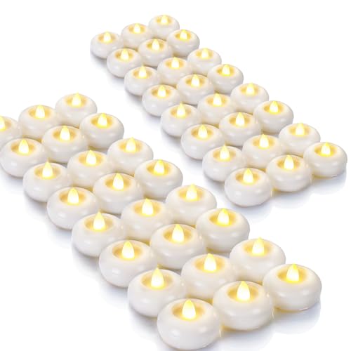 Homemory 48Pack 2” Flameless Led Floating Candles, 200 Hour Plastic Battery Operated Flickering Waterproof Tealights for Cylinder Vases, Centerpieces at Wedding, Party, Pool, Holiday (White Base) - color: White base (48 Pack)
