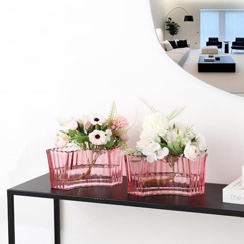 MCMCNCUIU Crystal Vases for Centerpieces, Flower Vases for Wedding Centerpieces, Pink Glass Vase for Flowers, Curve Small Vase for Living Room, Bedroom, Kitchen, Dining Table, Set of 2 - color: Pink