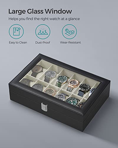 SONGMICS Watch Box, 12-Slot Watch Case Organizer with Large Glass Lid, Removable Pillows, Gift for Loved Ones, Black Synthetic Leather, Greenish Beige Lining UJWB12BE - color: Black + Greenish Beige, size: 12 Slot