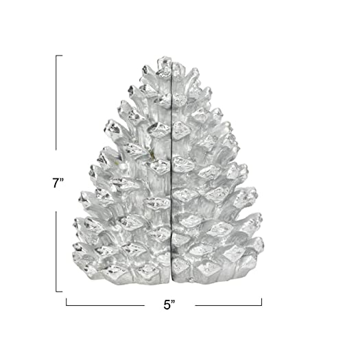 Creative Co-Op Decorative Resin Pinecone Bookends, Silver Finish, Set of 2 - color: Silver