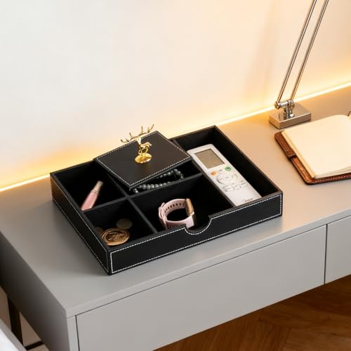 Jewelry Trays Nightstand Organizer, Valet Tray for Men and Women, Dressing Table Storage Box, Dark Brown Faux Leather, 5 Compartment - color: black
