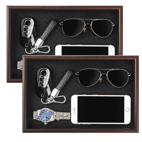 Zosenley Wooden Valet Tray with Leather Base - Nightstand Catchall Organizer for Cologne, Perfume, Keys, Wallet, Phone, Watch, Jewelry & Sunglasses (2Pcs Black) - color: 2Pcs Black