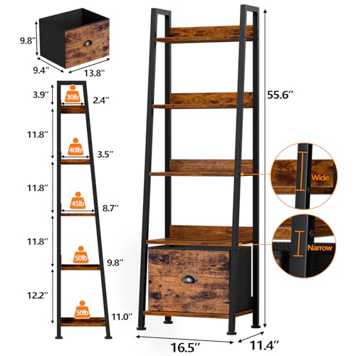 Furologee 5-Tier Ladder Shelf, Ladder Bookshelf with Removable Drawer, Rustic Bookcase Storage Rack Organizer, Wood Metal Freestanding Storage Shelf for Living Room, Home Office, Bedroom, Balcony - color: Rustic Brown, size: 5-Tier, 15" W