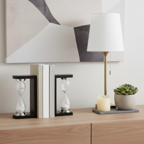 Decorative Hourglass Bookends for Bookshelf Decor - Elegant Book Ends for Book Accessories, Shelf, or Office Decor - Modern Desk Decor, Home Library, or Console Table Decor - Set of 2, 10", Black
