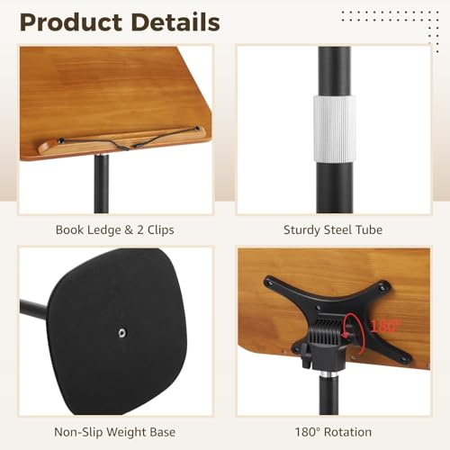 Floor Book Stand Adjustable from 20-51 Inches, Reading Stand with Page Clips, Sit to Stand Wooden Desk with Steel Tube & Base, Music Sheet Stand, Laptop Tablet Holder for Home Office