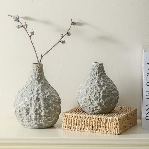 Stone Vases，Ceramic Bud Vase Set of 2,Minimalist Vases for Pampas Grass,Modern Vase for Wabi Sabi Home Decor, Shelf Decoration，Fireplace Decor,Coffee Table Decor - color: 109-1