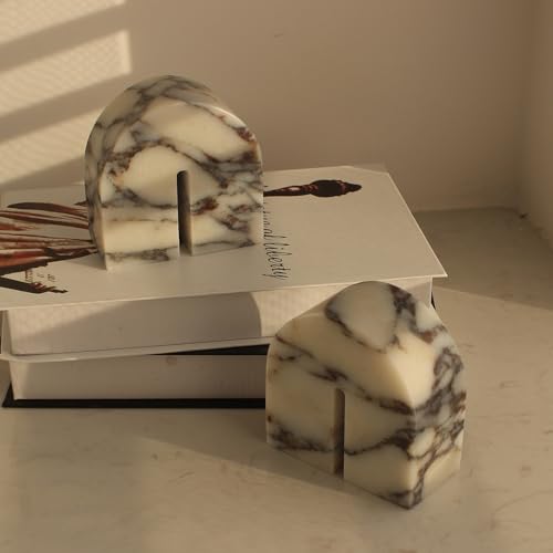 Set of 2 Natural Calacatta Viola Marble Bookends for Shelves, Decorative Book Ends for Heavy Books, Book Stopper Office Bookshelf Decor for CDs/Video Games