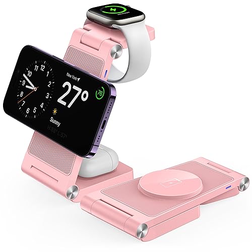 Magnetic Wireless Charger Stand, 3 in 1 Foldable Wireless Charging Station, Travel Charger for Multiple Devices for iPhone 16 15 14 13 12 Series, Apple Watch Ultra/SE/9/8/7/6/5/4/3/2, AirPods - color: Pink