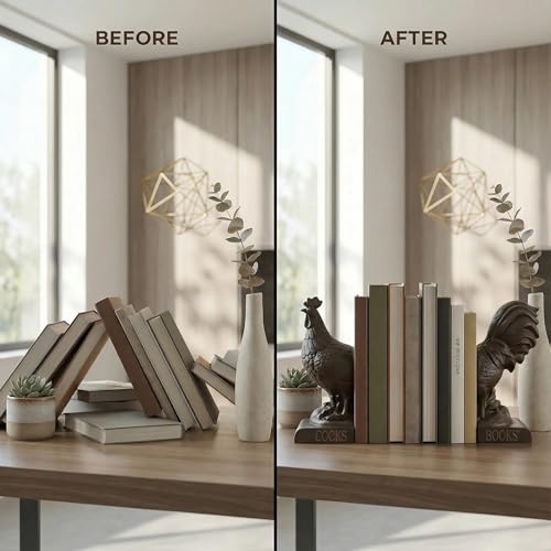 Comfy Hour 10" Bronze Rooster Antique Vintage Figurine Style Bookends, Rustic Farmhouse Animal Statue Home Decor, Heavy Duty Book Stoppers Pair