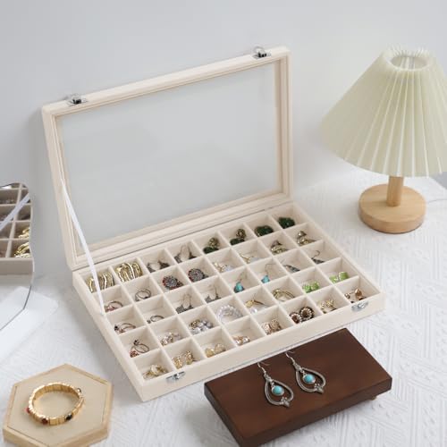 Stratalife Jewelry Organizer 40 Grid Jewelry Trays with Dust-proof Lid Velvet Earring Organizer Ring Holder Accessories Box Necklaces Earrings Storage for Women Drawers Cream - color: Beige, size: 40 Grid