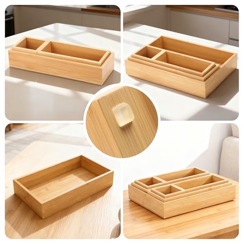Bamboo Drawer Organizer Set, 14 PCS Multi-Use Individual Wood Storage Organizers, Junk Drawer Divider and Storage Trays Containers for Kitchen, Bathroom, Office Desk, Makeup, Jewelry, Utensils - size: 14