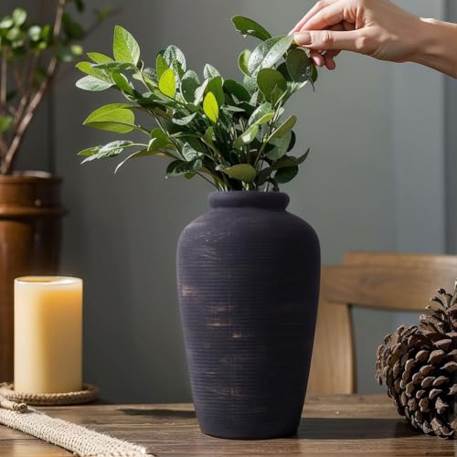 Large Black Ceramic Vase - 11" Tall Rustic Farmhouse Vase, Vintage Decorative Terracotta Vase for Dining Table, Shelf, Bedroom, Living Room, Kitchen, Office, Bathroom, Mantle, Centerpiece Décor
